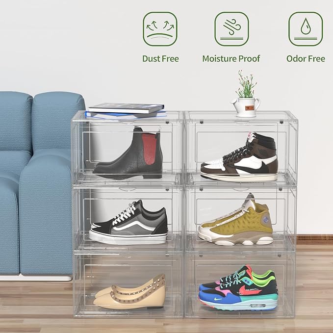 Tyminin 6 Pack Plastic Stackable Shoe Box, Shoe Storage Organizer with Magnetic Door, Sneakers Boxes Containers, Clear
