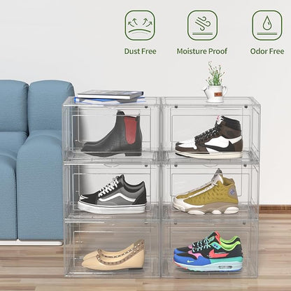 Tyminin 6 Pack Plastic Stackable Shoe Box, Shoe Storage Organizer with Magnetic Door, Sneakers Boxes Containers, Clear