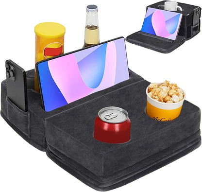 Couch Cup Holder Tray Pillow, Large Sofa Organizer Caddy with 6 Holes and Side Pocket Bed Refreshment Tray for iPad, Drinks, Remotes, Phones, Snacks, Removable & Washable (Grey)