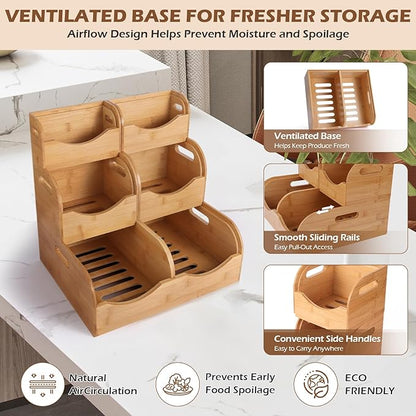 Bamboo Pantry Storage Bins – Potato & Onion Organizer, 3 Tier Stackable with Ventilated Design & Handles for Fruits, Vegetables, Kitchen Countertop, Pantry & Living Room