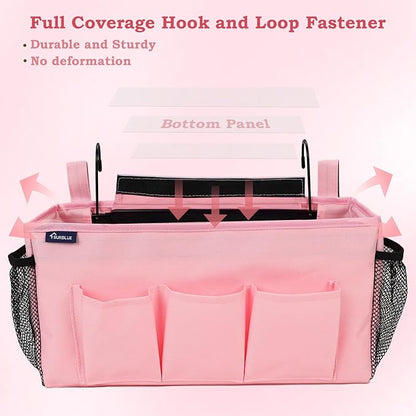 Surblue Bedside Organizer with Hook Caddy Hanging Storage Bag with Adjustable Straps and Water Bottle Holder for Home, College Dorm, Hospital Accessories, Crib Bed Rail, Pink, 2PCS