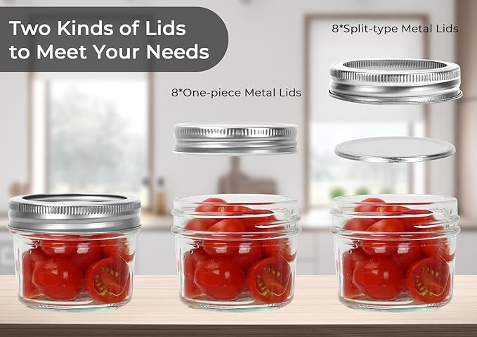 Eathtek Small Mason Jars 8 Pack, 4oz/120ml Mini Canning Jars with Regular Lids for Jelly Herbs Spice Honey Storage, Small Glass Jars Candle jars, Extra Lids Tags Label Included