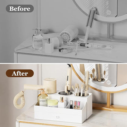 GFWARE Acrylic Hair Dryer Holder with Drawer, Bathroom Organizer Countertop Drawers with 3 Stainless Cups, Makeup Vanity Accessories, Hair Hot Tools Organizer, Toiletry, White