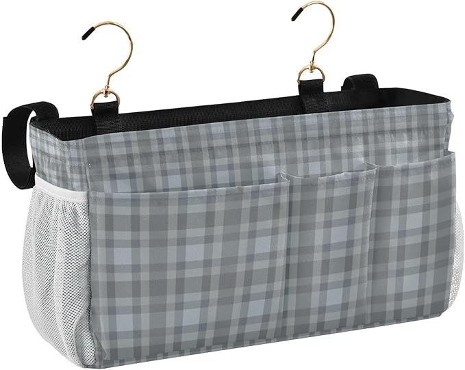 CuwrYet Bedside Caddy Hanging Bunk Bed Caddy Bed Organizer Hanging Pocket with 2 Hooks Bedside Storage Organizer Pocket Bag Holder Grey Plaid