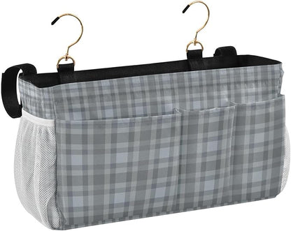 CuwrYet Bedside Caddy Hanging Bunk Bed Caddy Bed Organizer Hanging Pocket with 2 Hooks Bedside Storage Organizer Pocket Bag Holder Grey Plaid