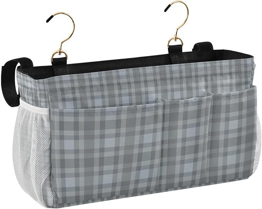 CuwrYet Bedside Caddy Hanging Bunk Bed Caddy Bed Organizer Hanging Pocket with 2 Hooks Bedside Storage Organizer Pocket Bag Holder Grey Plaid