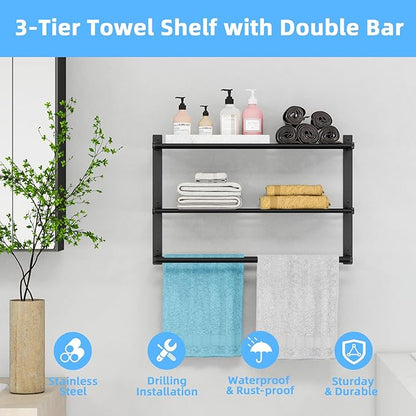 Towel Racks for Bathroom 24 Inch, 3 Tier Towel Shelf with Double Towel Bar, Wall Mounted Towel Rack SUS 304 Stainless Steel, Towel Storage for Bathroom Lavatory, Black