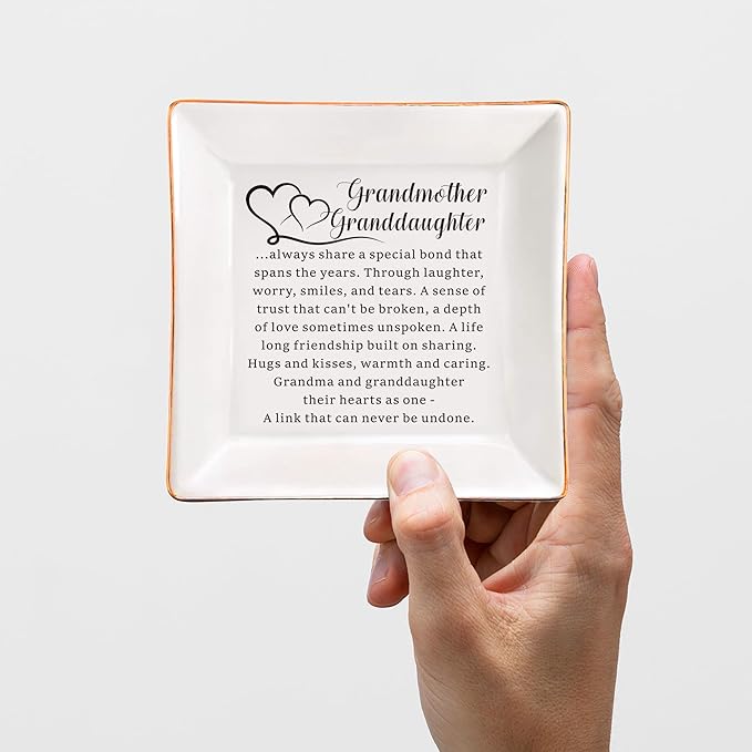 AZVAUUY Gifts for Grandmother Granddaughter, Grandma Granddaughter Ceramic Jewelry Tray Dish Gift, Birthday Mother's Day Christmas Gift for Grandma from Granddaughter Gift
