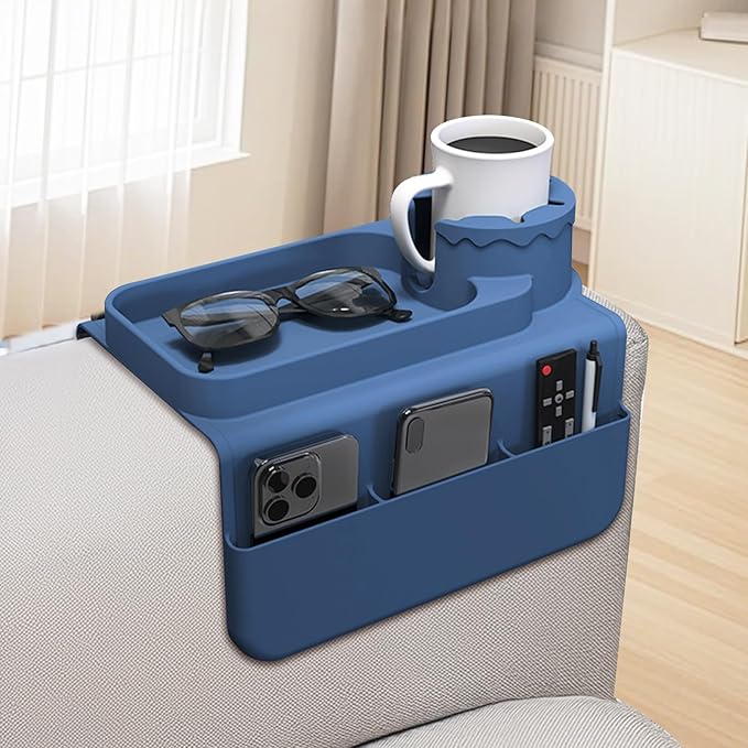 PANZIYU Couch Cup Holder Tray, Silicone Sofa Armrest organizer with Assesory Side Pockets for storage Remotes, Cell-phone,Tablet or Snack, Anti-Spill and Anti-Slip Couch Drink Holder Caddy(Blue)