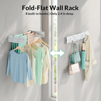 BAKON Wall Mounted Foldable Clothes Drying Rack - Indoor Outdoor Laundry Drying Rack with 4 Hooks & 4 Poles, Space Saving Concealed Design for Storage (23.6"【Upgrade】)