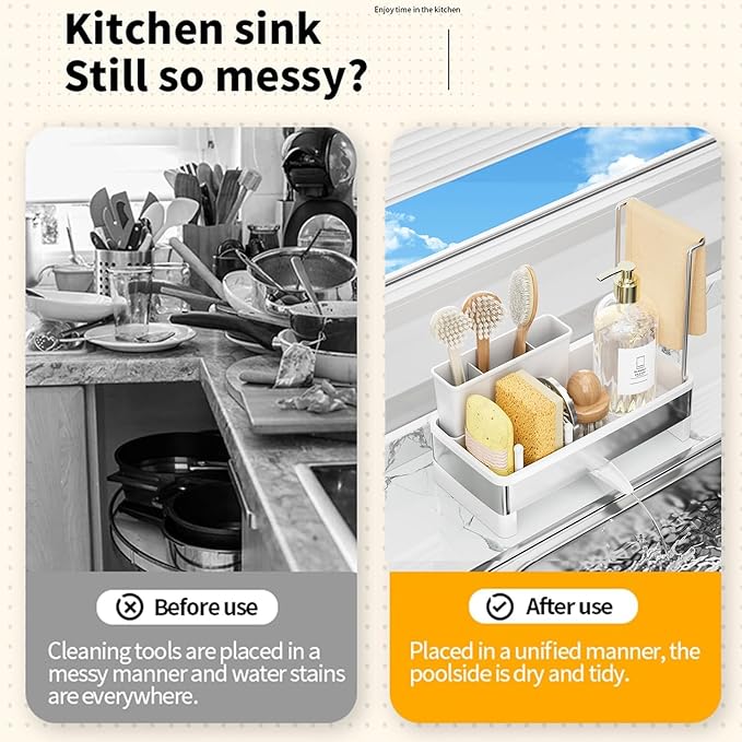 SOVGIZF Sponge Holder for Kitchen Sink,Sink Caddy Organizer with Removable Brush Holder,Kitchen Countertop Soap Dispenser Storage with Detachable Towel Rack,White