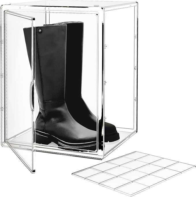 IYINIYI 15.75''x11.81''x9.84'' XX-Large Clear Shoe Storage Boxes with Divider, Stackable Plastic Boot Boxes with Magnetic Door, Acrylic display case Box with Lids for Sneaker Purses Handbags Books (3)