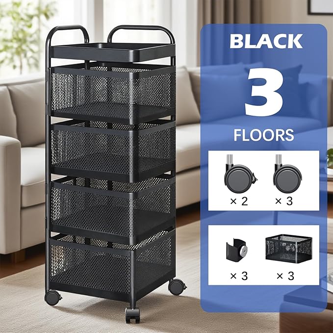 Rotating Kitchen Storage Rack, 4 Tier Rolling Cart with Fruit and Vegetable Basket, Black Storage Organization Dolly Cart with Wheels for Bathroom, Kitchen and Bedroom