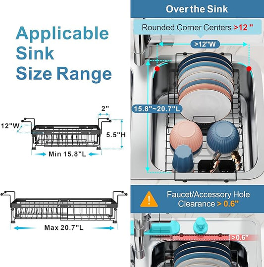 iSPECLE in Sink Dish Drying Rack with Silicone Sink Protector - Expandable Capacity Dish Drainer with Utensil Holder, 15.8''-20.7'' L x 12" W, Large, Black