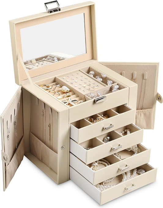 Frebeauty 5-layer Jewelry Box,Faux Leather Jewelry Organizer with 4 Drawers,Jewelry Organizers and Storage with Mirror,Jewelry Holder Organizer for Necklace,Jewerly Boxes for Women Girls(Beige)