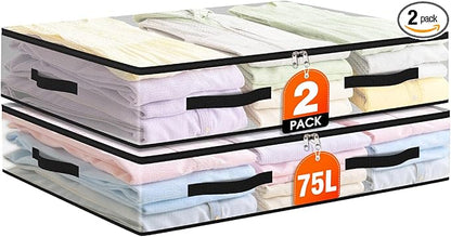 EdenDwell 2 Pack Under Bed Storage Bags, 75L Foldable Clear Storage Containers with Handles, Dual Zippers for Comforter, Clothes, Bedding, Linen Sheets, Sweaters, Blanket Storage