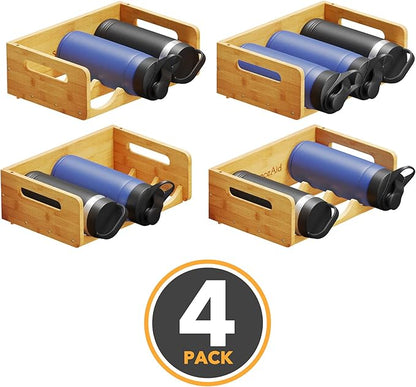 SpaceAid Bamboo Water Bottle Organizer with Labels, Kitchen Pantry Water Bottle Storage Rack for Cabinets, Home Cup and Wine Bottle Holder Shelf Organizers, 4 Pack 3-Slot, Hold 12 Bottles