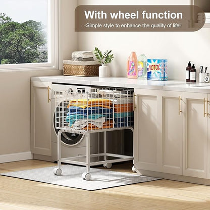 Wire Laundry Hamper Cart,80L Laundry Hamper Trolley with Pull Handle,White High Laundry Basket Cart for Laundry Room,Bathroom,Bedroom-White（23.6 * 15.75 * 28inch）