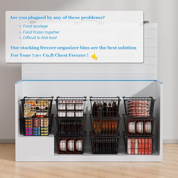 Homics Freezer Organizer Bins, Large Capacity Stackable Baskets for Deep Chest Freezer Easy Get and Sort Bottom Frozen Meats Food Storage Containers Pantry Storage and Organization, 4pcs