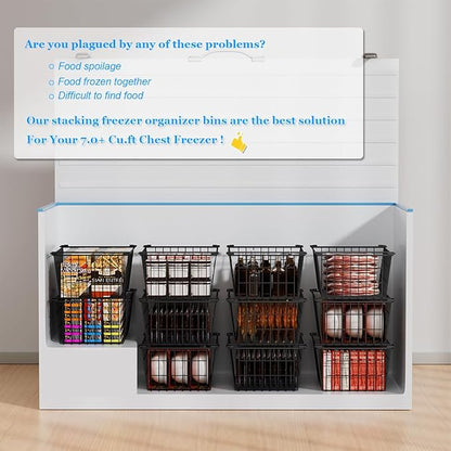 Homics Freezer Organizer Bins, Large Capacity Stackable Baskets for Deep Chest Freezer Easy Get and Sort Bottom Frozen Meats Food Storage Containers Pantry Storage and Organization, 4pcs