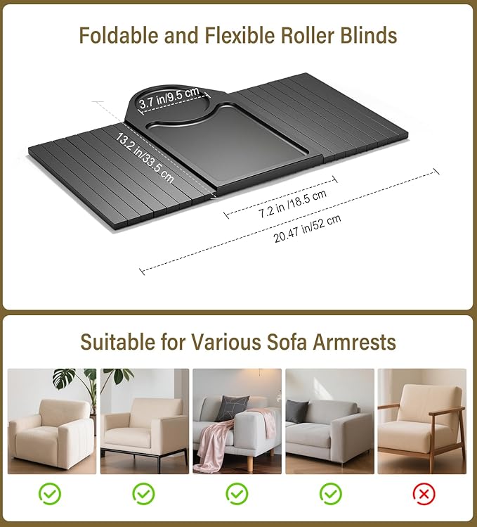 Couch Arm Tray, Bamboo Sofa Table for Couch, Sofa Arm Tray with Cup Holder, Non-Slip Armrest Organizer for Drink, Cup, Snack, Control, Easy to Clean, Black