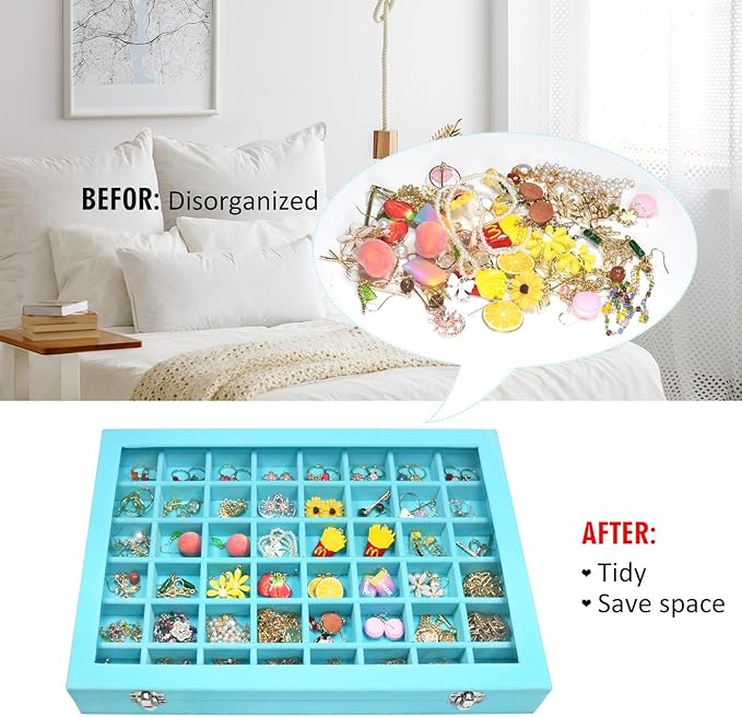 Velvet Jewelry Tray 48 Compartments Jewelry Display Organizer with Transparent Cover Rings, Earrings, Necklaces, Pendants Storage Box for Girls, Wives, Mothers, Women