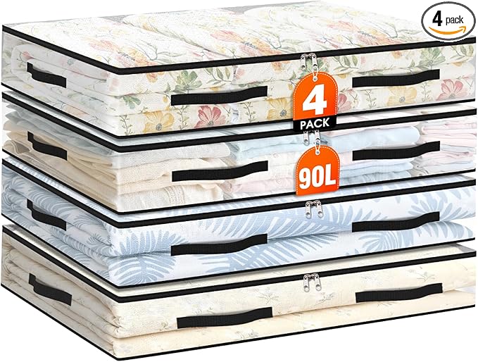 EdenDwell 4 Pack Under Bed Storage Bags, 90L Foldable Clear Storage Containers with Handles, Dual Zippers for Comforter, Clothes, Bedding, Linen Sheets, Sweaters, Blanket Storage