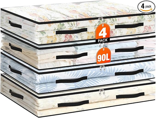 EdenDwell 4 Pack Under Bed Storage Bags, 90L Foldable Clear Storage Containers with Handles, Dual Zippers for Comforter, Clothes, Bedding, Linen Sheets, Sweaters, Blanket Storage