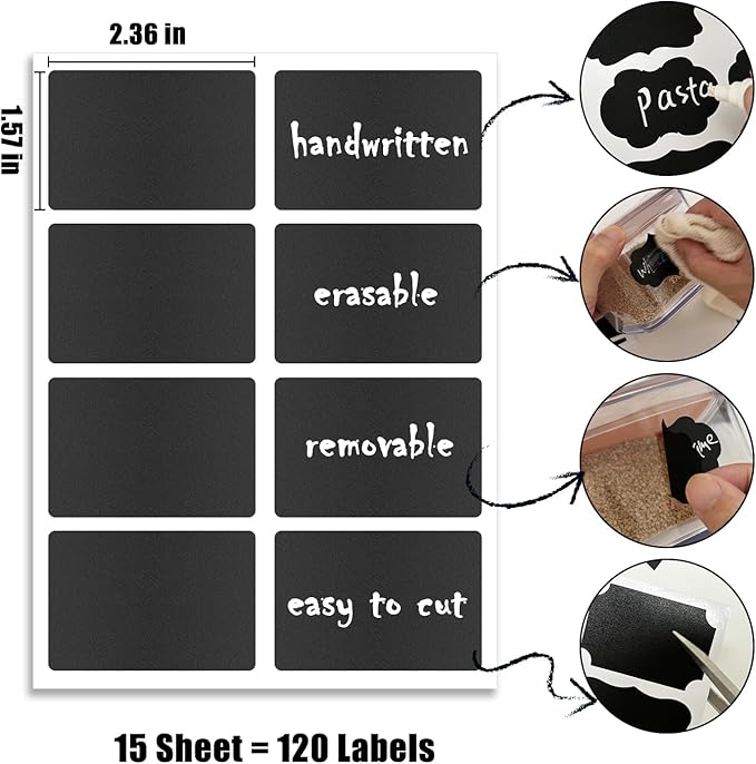 120 Pcs Chalkboard Labels - Removable Chalkboard Stickers for Jars, Pantry & Storage Bins, Glass Bottles & Food Labels - Includes 1 Chalk Marker Pen