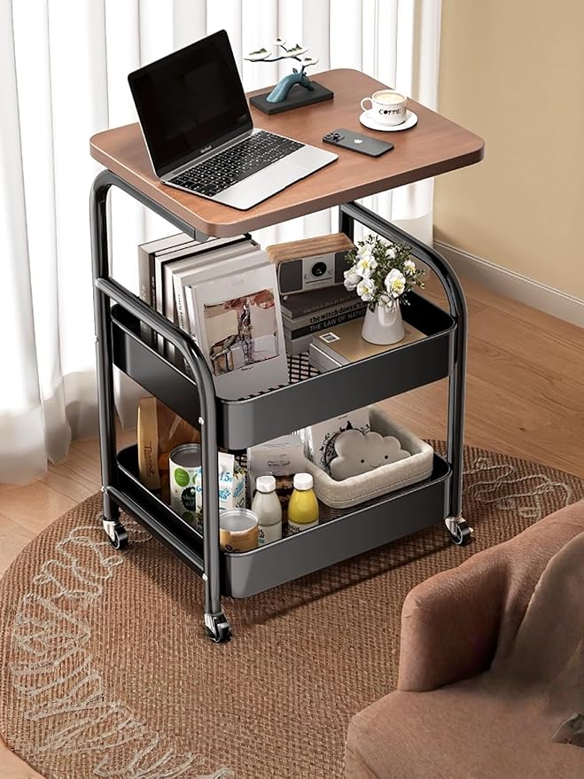 3Tier Rolling Cart - Metal Utility Cart with Wheels, Heavy Duty Mesh Rolling Storage Cart Organizer for Kitchen Office Bedroom Living Room Slide Table (Black)