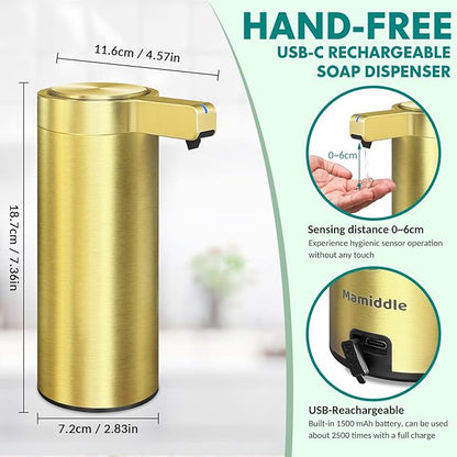 Mamiddle Automatic Soap Dispenser Stainless Steel with Sensor Infrared Soap Dispenser Electric IPX5 Waterproof USB-C Charging Motion Sensor for Kitchen & Bathroom (Gold)