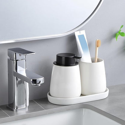 2 Pack White Round Soap Dispenser Tray - 8'' Ceramic Vanity Tray & Organizer Plate Set, Bathroom & Kitchen Countertop Decor for Soap Dispenser, Jewelry, Cosmetics, Sink