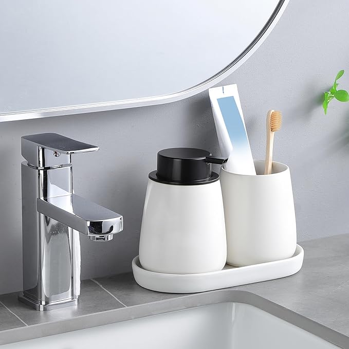 Eyrozia White Round Soap Dispenser Tray - 8'' Ceramic Vanity Tray for Bathroom Decorative, Jewelry Ring Dish, Comestic Holder, Kitchen Sink Countertop Organizer Plate