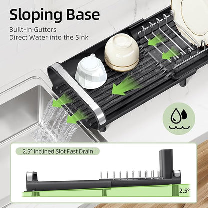 Small Dish Drying Rack, Mini Expandable Compact Dish Rack, Slim Extendable Stainless Steel Dish Drainer for Kitchen Plate Storage, Space Saving Dish Strainer in Sink or on Home Countertop, Matte Black