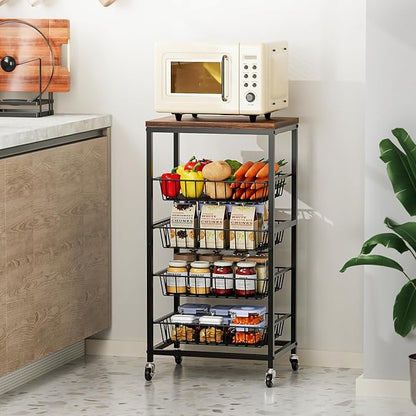 Fruit Vegetable Cart, 4-Tier Snack & Kitchen Cart on Wheels with Storage, Pull-Out Baskets & Wood Top, Rolling Organizer for Pantry, Living Room (Brown)