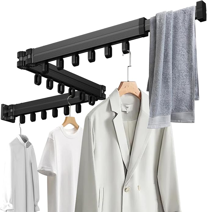 Black Laundry Space Saver Wall Mounted (Tri-Fold) | Only Punch Installation Tools Provided | Retractable, Collapsible | Clothes Drying Rack