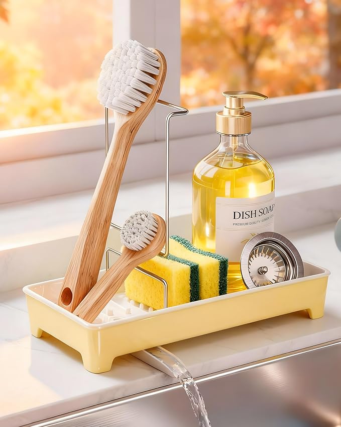 Caumic Minimalist Sink Caddy, Rustproof Sponge Holder for Kitchen Sink with 304 Stainless-Steel Brush Holder, Countertop Rack Organizer with Raised Ridges & Silicone Drain Tube (Pastel Yellow)