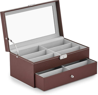 CO-Z Sunglasses Organizer with 12 Slots, Leather Eyeglasses Storage Box for Women Men, 2 Story Lockable Display Case for Multiple Glasses, Sunglasses Jewelry Collection Holder with Drawer, Brown