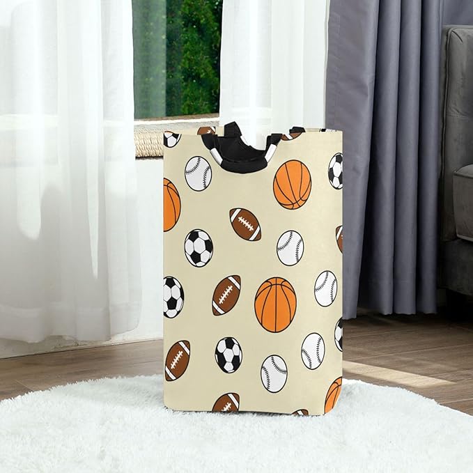 Laundry Hamper Basket Basketball Sports Balls Beige Storage Basket Collapsible Laundry Bag with Handle Decorative Organizer Bins Basket for Laundry Room College Dorms Clothes