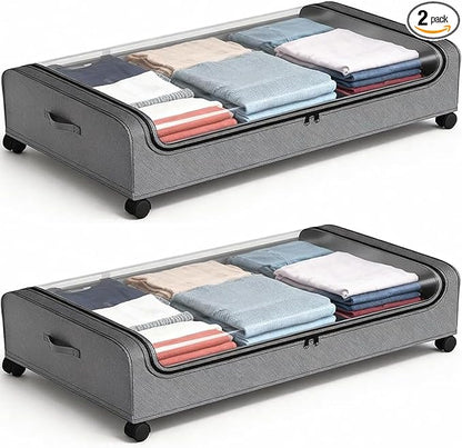 JALUNIVERSAL TRI Under Bed Storage with Wheels, 6.7'' Tall Underbed Storage Containers with Lids - Rolling Bins for Shoes Clothes Blankets (Grey, 2-Pack XXL)