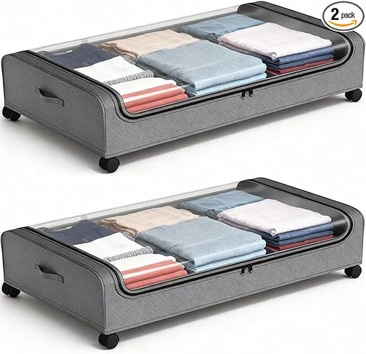 JALUNIVERSAL TRI Under Bed Storage with Wheels, 6.7'' Tall Underbed Storage Containers with Lids - Rolling Bins for Shoes Clothes Blankets (Grey, 2-Pack XXL)