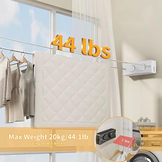 Retractable Clothesline Indoor & Outdoor, Non-Sagging Wall Mounted Drying Rack Clothesline, 16.7 Ft Stainless Steel Wire Double Clothes Lines, Hanging Clothes line for Balcony, Courtyards(White)