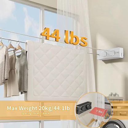 Retractable Clothesline Indoor & Outdoor, Non-Sagging Wall Mounted Drying Rack Clothesline, 16.7 Ft Stainless Steel Wire Double Clothes Lines, Hanging Clothes line for Balcony, Courtyards(White)