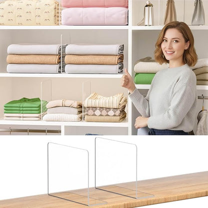 Shelf Dividers for Closet Organization: 8 Pack 10" Tall X 8.4" Deep Acrylic Clear Vertical Shelves Separators - Adhesive Adjustable Easy to Install Remove - Handbags/Clothes/Towel Storage