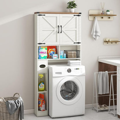 Vabches Over The Toilet Storage Cabinet, Farmhouse Storage Cabinet Over Toilet with 2 Barn Doors && Toilet Paper Holder Stand，Home Space-Saving Toilet Rack, for Laundry, Restroom, Bathroom