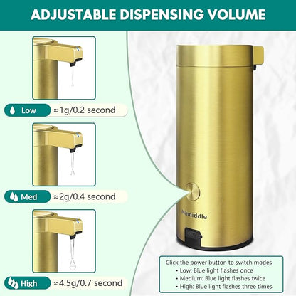 Mamiddle Automatic Soap Dispenser Stainless Steel with Sensor Infrared Soap Dispenser Electric IPX5 Waterproof USB-C Charging Motion Sensor for Kitchen & Bathroom (Gold)