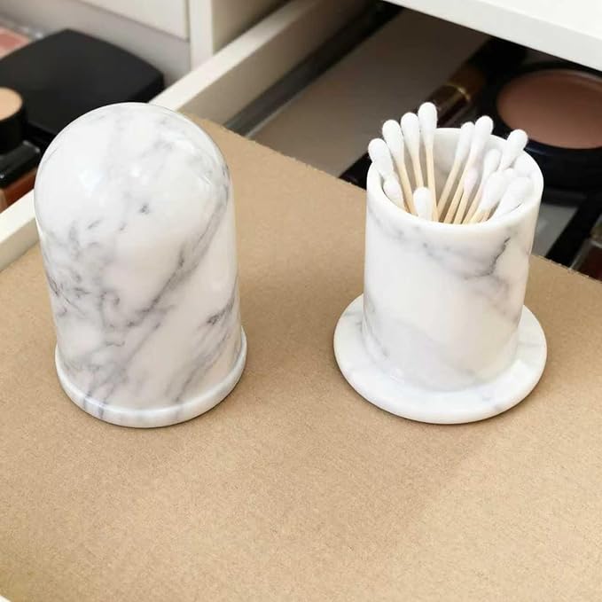 Terramason Marble Qtip Holder with Lid for Cotton Swabs, Balls, Pads, Floss Picks, Bathroom Vanity Organizer Storage Container Decor