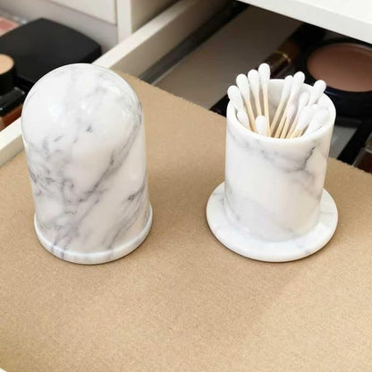 Terramason Marble Qtip Holder with Lid for Cotton Swabs, Balls, Pads, Floss Picks, Bathroom Vanity Organizer Storage Container Decor