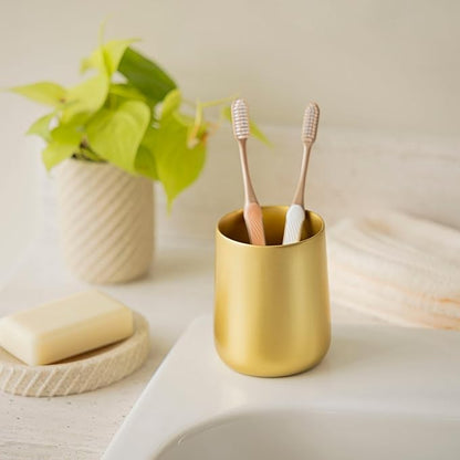 Yew Design Gold Toothbrush and Toothpaste Holder and Cup for Bathroom Vanity and Countertop, Round Organizer for Electric Toothbrushes, Floss, Razors, Cotton, and Mouthwash