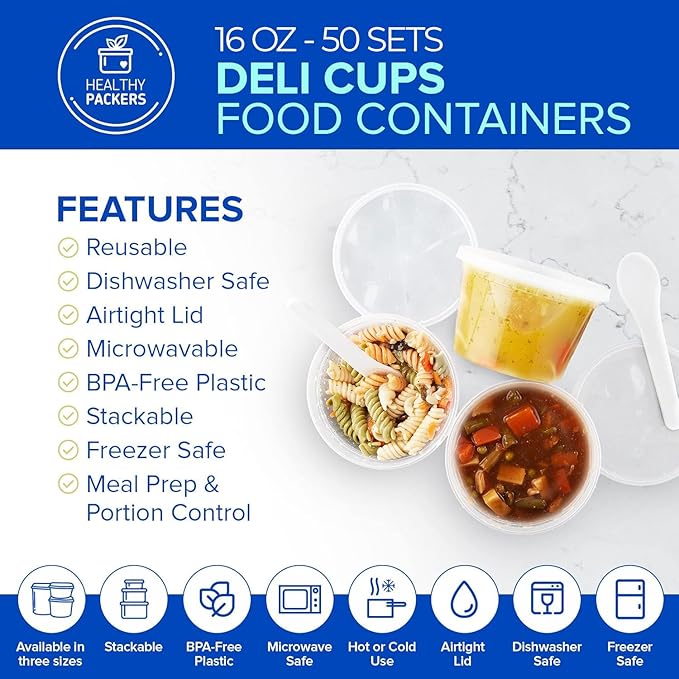 Healthy Packers 50pk 16oz Deli Containers with Lids – BPA-Free Plastic Soup Containers for Food Storage, Meal Prep & Slime – Microwave, Freezer & Dishwasher Safe – Leakproof & Stackable